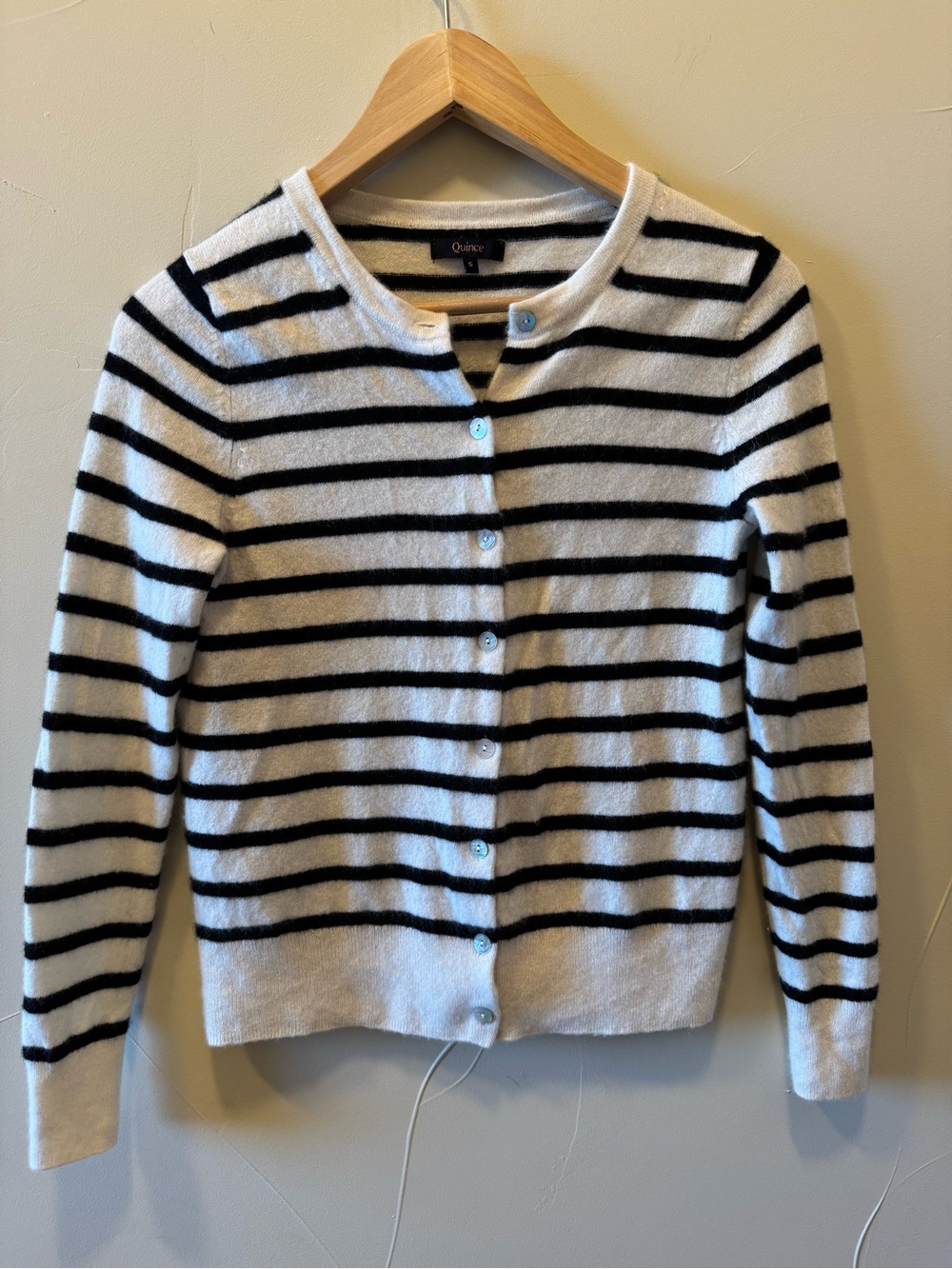 Quince Women's Mongolian Cashmere Cardigan Ivory & Black Stripe Size S